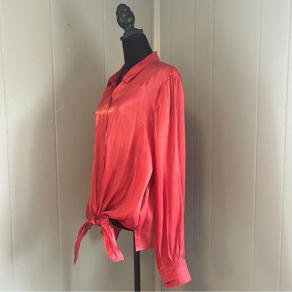 Vince Camuto Satin Sheer Red Button-Up Blouse Size Lare - Picture 2 of 10
